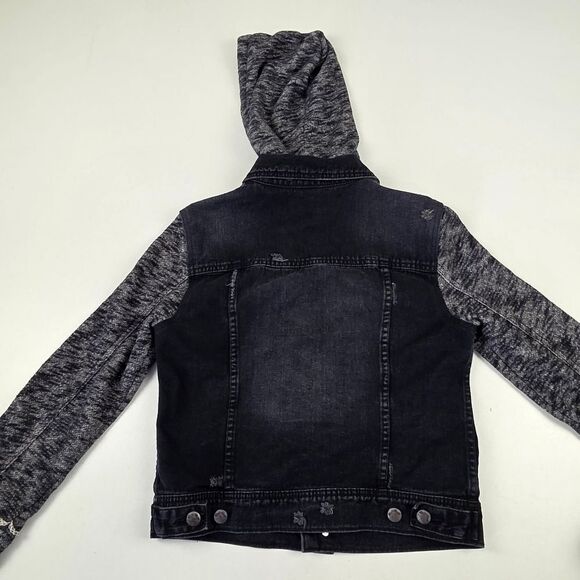 Free People Cropped Denim Button Up Jacket Sz Small Distressed Detachable Hood - Picture 9 of 12